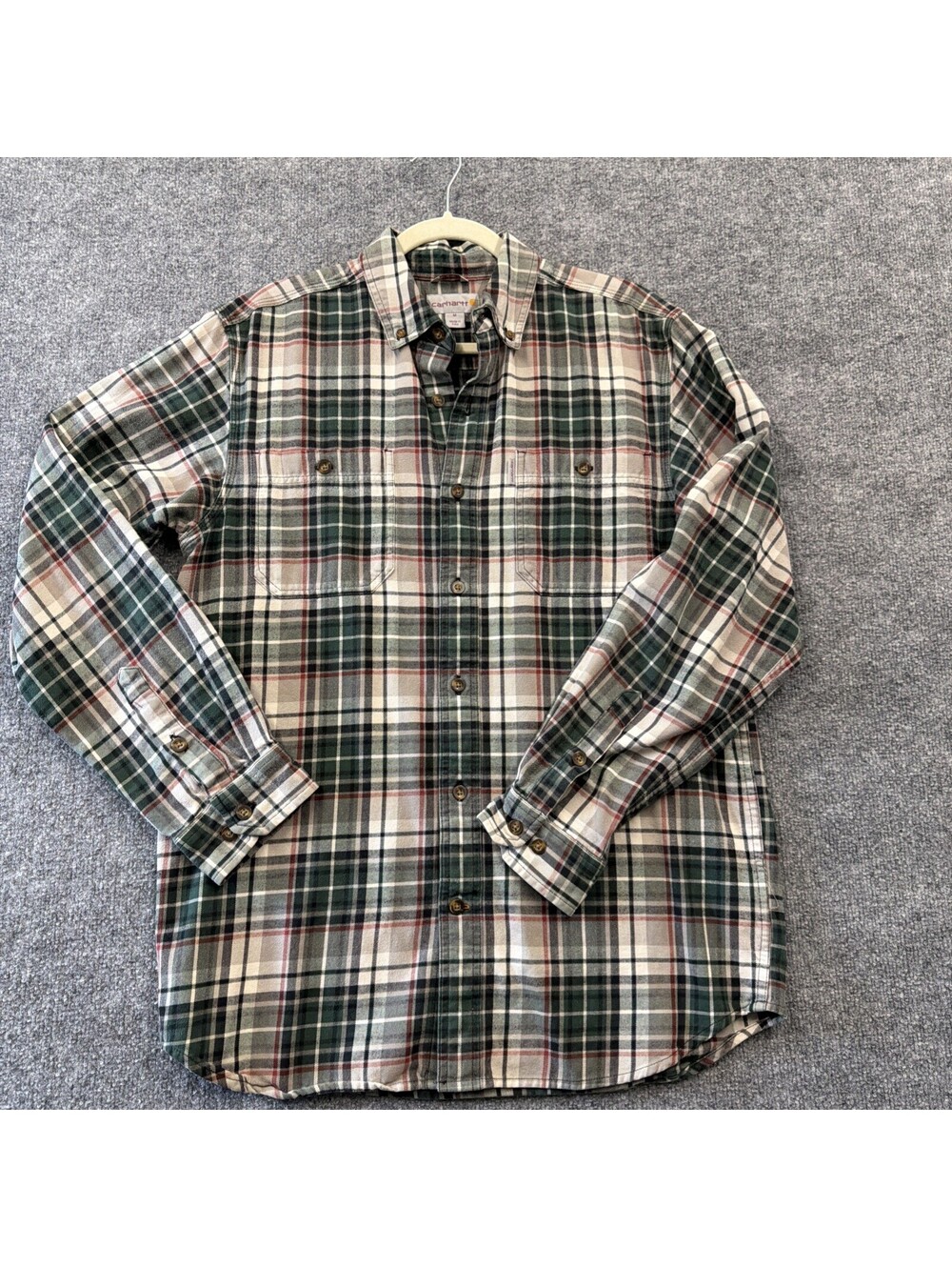 Carhart Men’s Green Tan Plaid Dress Shirt Relaxed Fit Size Medium Button Up Flan